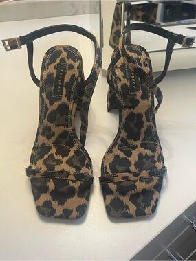 Topshop Leopard Print Ankle-Strap Block Heel Sandals - Brown/Black